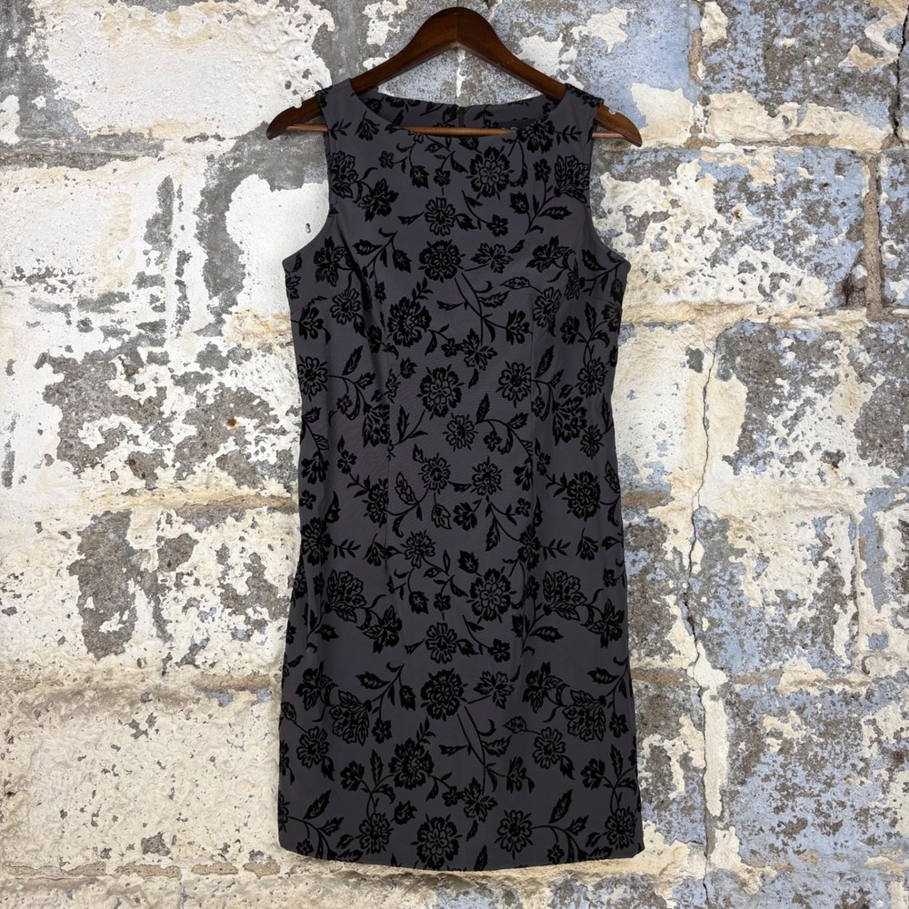 VTG 90s My Michelle Black Velvet Floral Flocked Sleeveless Sheath Dress USA Made